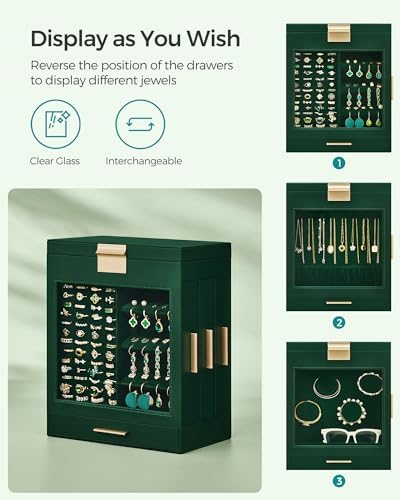 SONGMICS 5-Layer Jewelry Box with Glass Window, 3 Side Drawers - Image 3