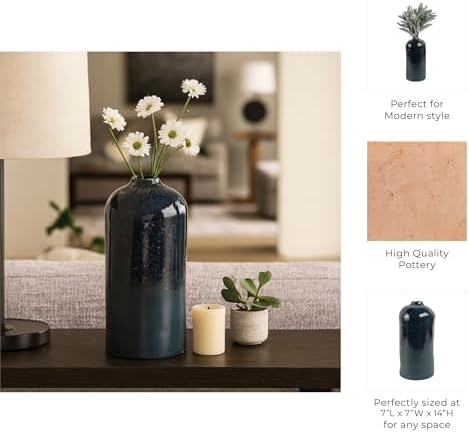 Polished Ceramic Vase for Bathroom Decor - Circle Earthenware Centerpiece for Home, Bedroom, Kitchen, and Living Room - Contemporary Flower Pots for Office, Entryway and Hallway - 14", Blue - Image 5