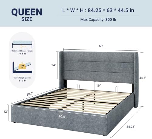Allewie Queen Size Lift Up Hydraulic Storage Bed Frame Blue Grey - Image 2
