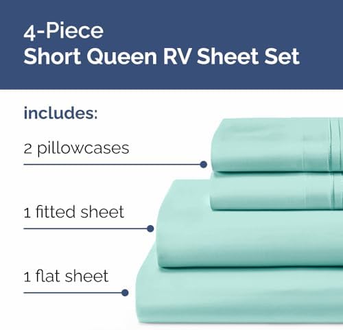 Short Queen Size 4 Piece Bed Sheet Set - RV Short Queen Sheets - Spa Blue - Image 2