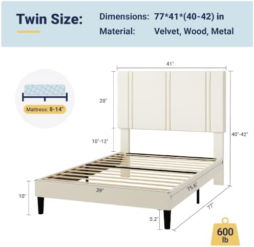Allewie Twin Platform Bed Frame with Velvet Upholstered Headboard - Image 2