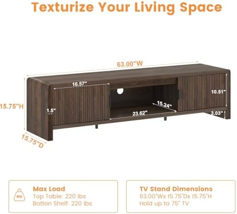 FATORRI TV Stand for 75/65/55 Inch TVs, Mid Century Modern Entertainment Center with Storage, Wood Waveform Fluted-Door Television Media Console for Living Room, Bedroom (63 Inch W, Dark Walnut) - Image 3