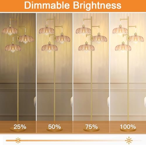 Dimmable Floor Lamp for Living Room Bedroom-3 Light Gold Floor Lamp with Glass Lampshape, Flower Tall Lamp Mid Century Modern Standing Lamp Glass Tree Floor Lamps for Living Room Bedroom,Corner - Image 2