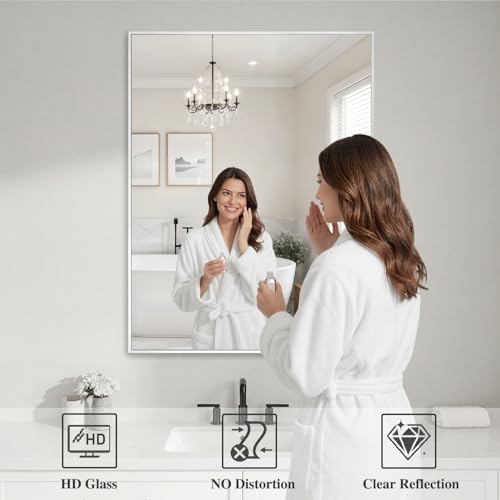 Koonmi White Rectangle Wall Mirror, 30x40 Inch Bathroom Mirror, Aluminum Frame Vanity Mirror for Entryway, Living Room, Bedroom Bathroom, Hangs Horizontally or Vertically - Image 3