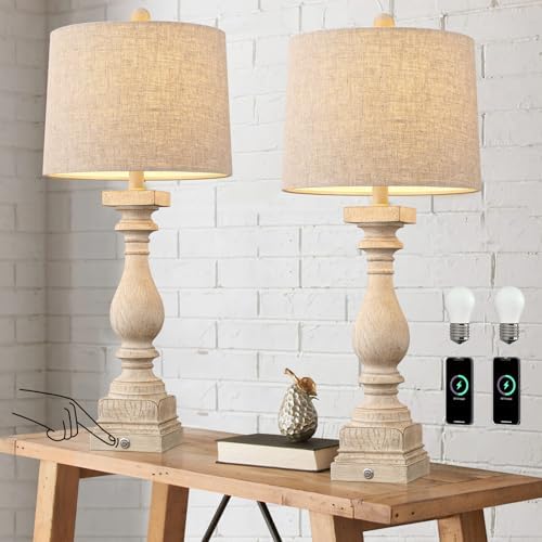 BOBOMOMO 27" Farmhouse 3-Way Dimmable Touch Control Table Lamp Set of 2 with USB A &USB C Charging Ports for Bedroom Living Room Vintage Rustic Traditional Nightstand Bedside Lamps (2 Bulbs Included) - Image 4
