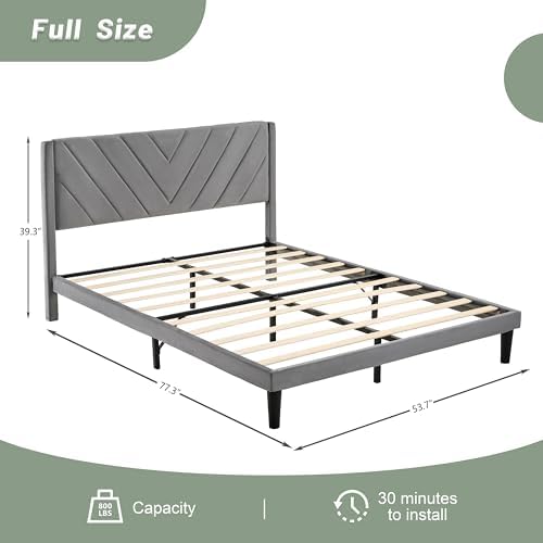 Full Size Platform Bed Frame with Velvet Headboard, Wing Edge, Sturdy Wooden Slats, Noise-Free, No Box Spring Needed, Easy Assembly, Grey - Image 2
