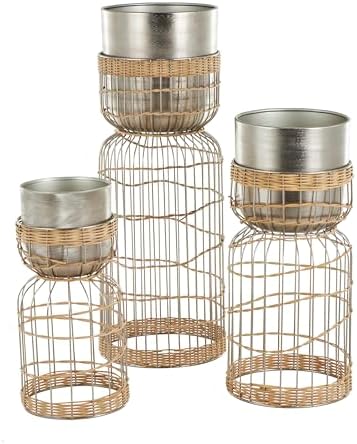 Deco 79 Metal Indoor Planter Textured Dome Large Planter Pot with Woven Rattan and Caged Rod Pedestal Base, Set of 3 Planters 30", 23", 18" H, Silver - Image 7