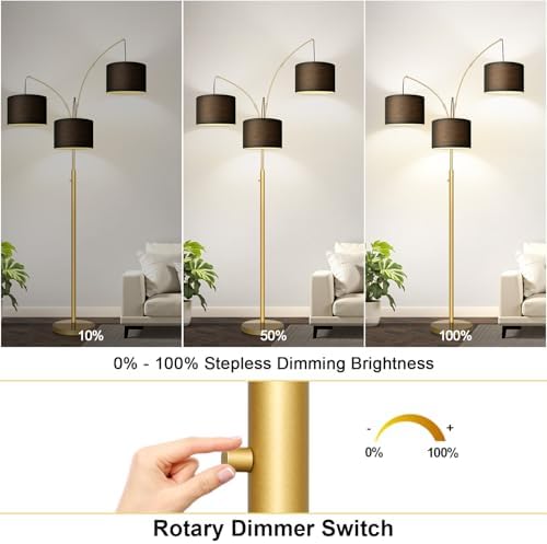 Dimmable Floor Lamp - 3 Lights Gold Arc Floor Lamps for Living Room, 1000LM Modern Tall Standing Lamp With Black Shades&Heavy Base, Mid Century Tree Floor Lamp for Bedroom Office, 3 LED Bulbs Included - Image 3
