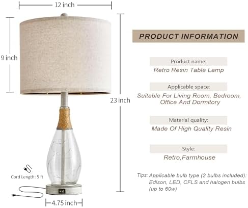 OYEARS 23" Table Lamps for Living Room Set of 2 Bedside Lamps for Night Stands Bedroom Lamps Farmhouse Rattan Boho Lamp Glass Nightlight End Table Lamp with USB C+A (White),Two Light Points - Image 7