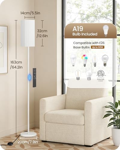 64.2'' Dimmable Floor Lamp for Living Room with Remote and Foot Switch, Corner Floor Lamp for Bedroom, Includes 10W A19 Bulb, Modern Standing Tall Lamp, ETL Listed, White WCW17LD05 - Image 2