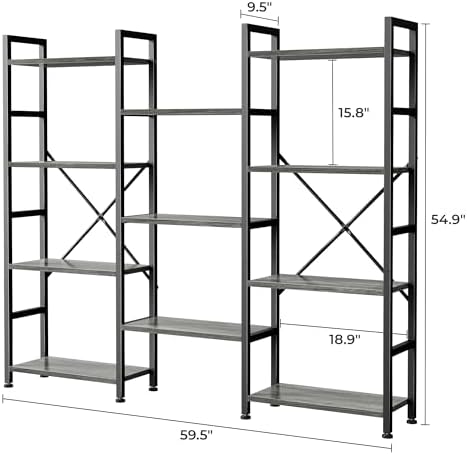 SUPERJARE Triple Bookshelf, Bookcase with 11 Open Display Shelves, Wide Book Shelf Book Case for Home & Office, 4 Tier, Grey - Image 3