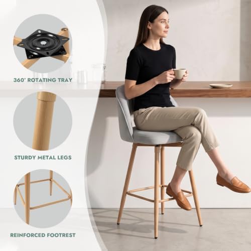 Swivel Bar Stools Set of 3, Counter Height Barstools for Kitchen Island, 26" Seat Height Bar Chairs for Dining Room, Velvet Upholstered Bar Stool with Back and Footrest, Gray - Image 3