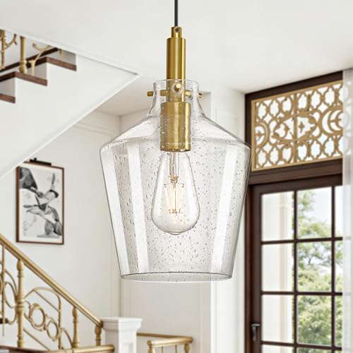 Seeded Glass Pendant Lighting for Kitchen Island Foyer 1 Pack Gold 8 Inch by Vaziden