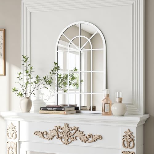 Dewfig Arched Wall Mirror, 42"x30" Metal Frame Windowpane Mirror, White - Image 3