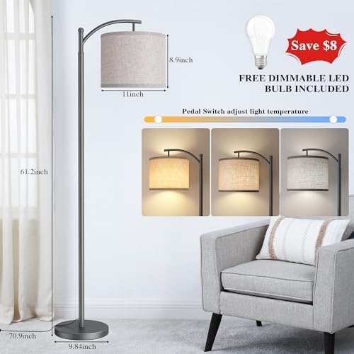 Floor Lamp for Living Room with 3 Color Temperatures LED Bulb, Standing Lamp Tall Industrial Floor Lamp Reading for Bedroom, Office (9W LED Bulb, Beige Lampshade Included) -Grey - Image 3