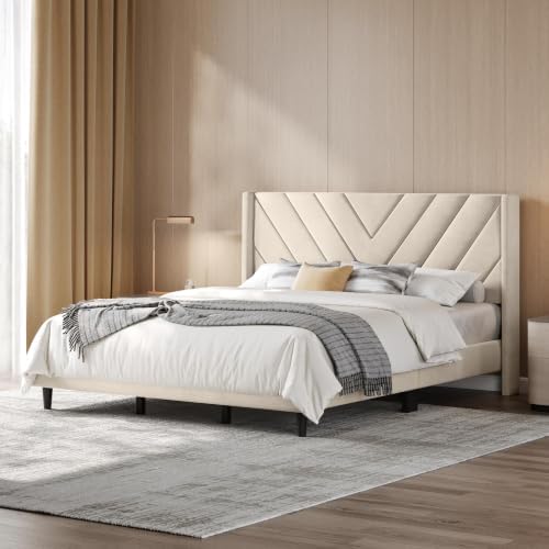 Yaheetech King Bed Frame with Chevron Channel-Tufted Headboard, Beige - Image 3