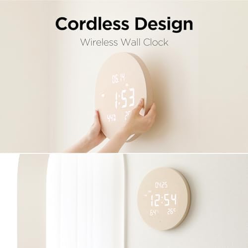mooas Wood Moon Cordless Digital LED Wall Clock, Date, Temperature/Humidity - Image 3
