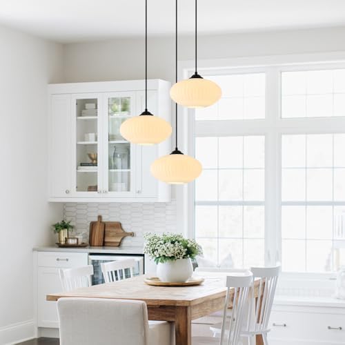 KCO 2 Pack Matte Black Lantern Pendant Light with 9.8” White Ribbed Glass - Image 5
