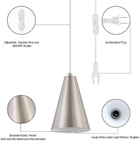 Brushed Nickel Plug In Pendant Light,Hanging Lights with Plug In Cord On/Off Switch, Mini Silver Pendant Lights for Kitchen Island,Modern Chandelier with Metal Shade,Hanging Lamps for Bedroom - Image 5