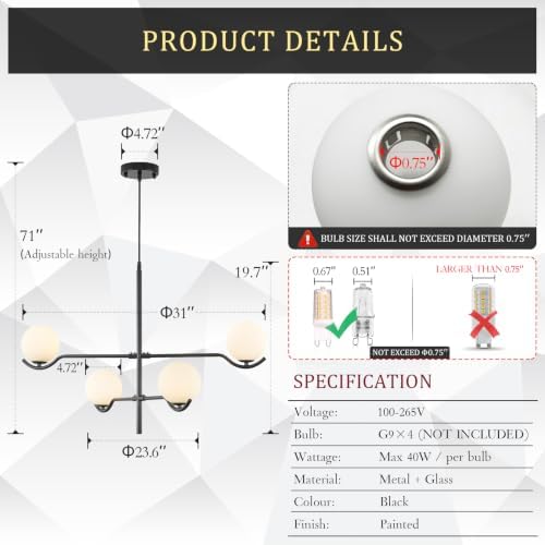 CATINER Modern 31" 4-Light Black Sputnik Chandelier with Milk Glass Globe - Image 3