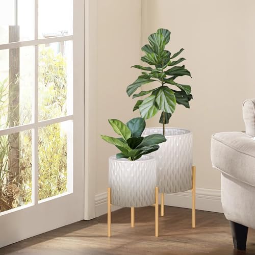 ARNIS Plants Pots with Stand, Set of 2 Indoor Planter Pots, Unique Mid Century Decorative Metal Flower Pots with Drainage,8.25 & 10.5 Inch, Grey and White - Image 2