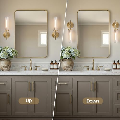 15" 2 Pc Knurled Brass Bathroom Wall Sconces,Frosted Glass Tube Brass Sconces Wall Lighting,Handmade Modern Hardwired Wall Sconce for Vanity,Mirror,Bedroom,Living Room,Hallway - Image 2
