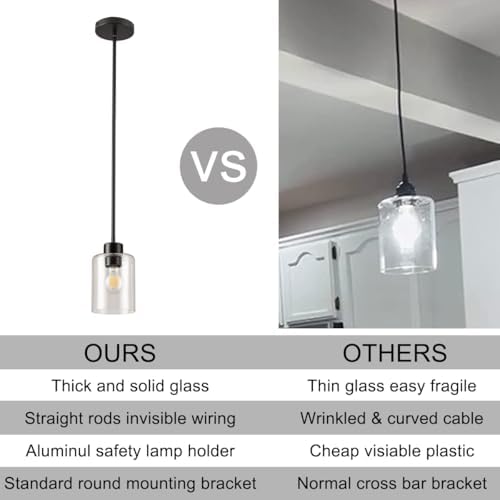 Black Pendant Lights Kitchen Island - Seeded Glass Pendant Light Fixture Multiple Stems Rods 3 Units 12 Inch 3 Units 4 Inch (1 Pack Black Seeded Downrod) - Image 4