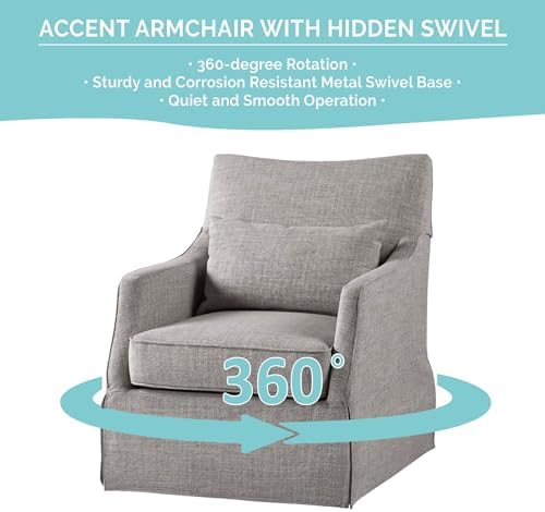 Martha Stewart London Swivel Chair - Solid Wood & Plywood, Skirted Metal Base Accent Armchair, Lumbar Pillow -Modern Classic Family Room Sofa Furniture Bedroom Lounge, 28"X31.5"X35.25", Grey - Image 5