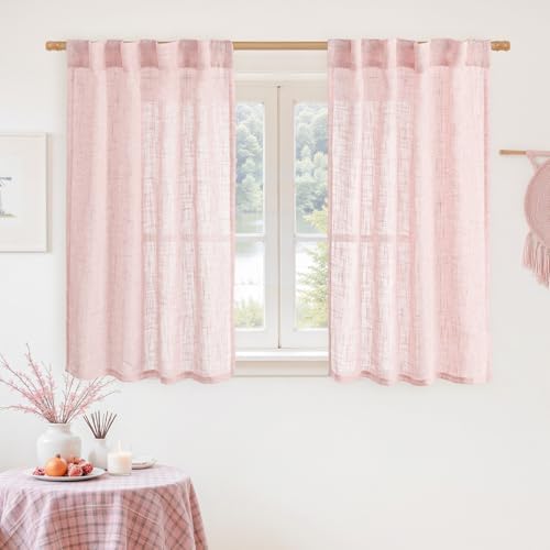 LAMIT 40 Inch Length Linen Curtains for Small Windows Over Silk 2 Panels by LAMIT