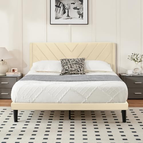 Full Size Platform Bed Frame with Velvet Headboard, Wing Edge, Sturdy Wooden Slats, Noise-Free, No Box Spring Needed, Easy Assembly, Beige by Unknown