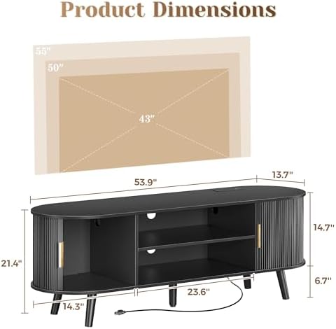 PRAISUN 54 Inch Fluted TV Stand for TVs up to 55 Inch, TV Media Console with Power Outlets and USB-C Port, Entertainment Center with Storage, Curved Sliding Doors, Adjustable Shelf, Black - Image 3