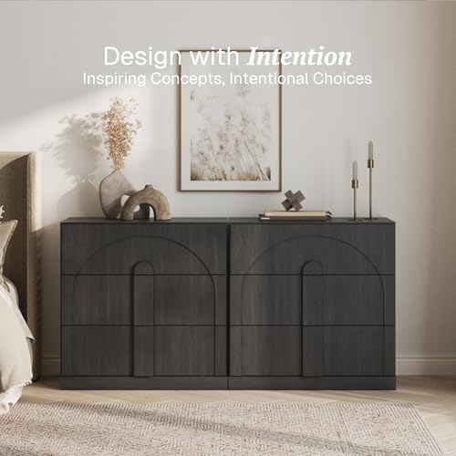 BELLEZE Sideboard Cabinet with 3 Drawers, Set of 2 Modern Wood Buffet Cabinet with Arc Design, Large Fluted Sideboard with Storage for Kitchen Living Room Entryway, Ebony - Image 3