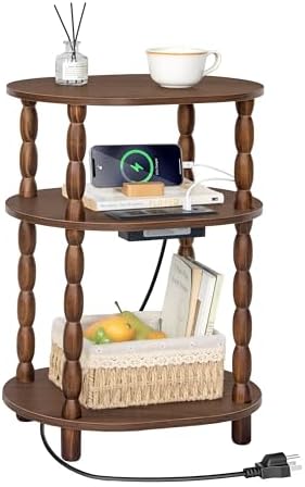 MaxSmeo Small Side Table with Charging Station, 3-Tier Small End Table with USB Ports and Outlets, Modern Oval Night Stand Accent Table for Living Room, Bedroom, Walnut Brown by MaxSmeo