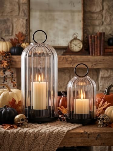 5" & 4" Metal Candle Holder with Ribbed Glass Candle Lanterns Set of 2, Vintage Windproof Hurricane Candle Holders for Pillar Candle, Decorative Table Centerpiece Patio Decor (Black) - Image 3