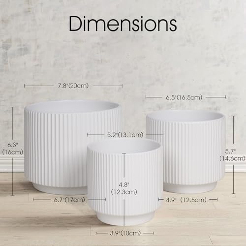 Oakrain Plant Pots Set of 3 with Vertical Stripes 7.8/6.5/5.2 inch, Modern Decorative Planters for Indoor Outdoor Plants, Garden Flower Pot with Drainage Holes, Ceramic White - Image 3