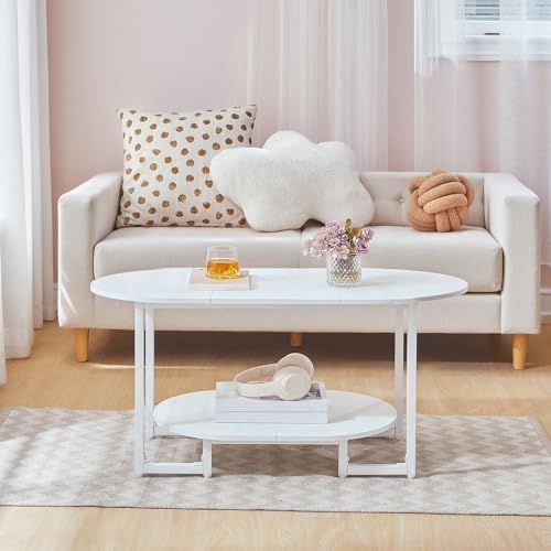HOOBRO Coffee Table for Living Room, Oval Small Coffee Table with 2-Tier Open Storage Shelf, Industrial Cocktail Tea Table, Wooden Desktop Center Table, Farmhouse, Home Office, White WW09KF01 - Image 3