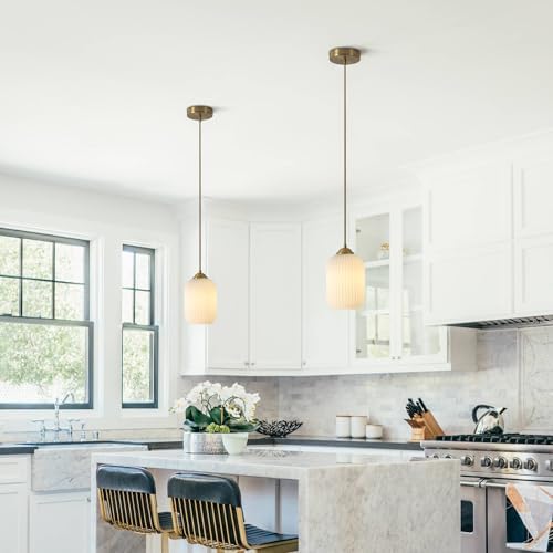 KCO 2 Pack Small Brass Gold 5.5” Ribbed Cylinder White Glass Pendant Lights - Image 4