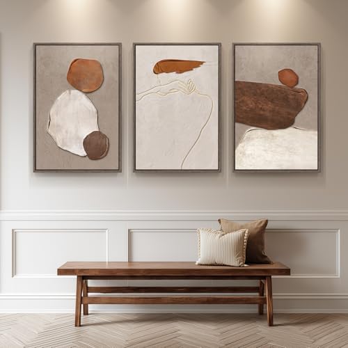 Large Framed Neutral Abstract Wall Art, Set of 3, Beige Brown, 24x36 In - Image 4