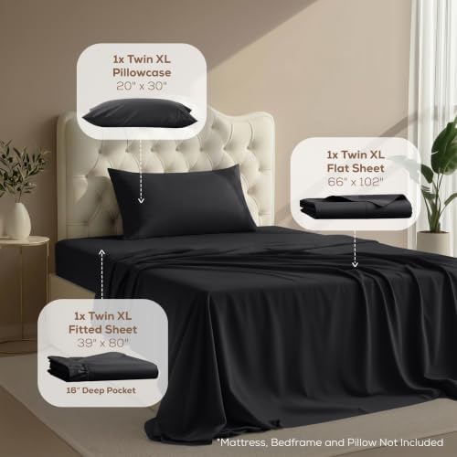 Twin XL Sheets Set, 3 Pieces 16" Deep Pocket Hotel Luxury Bed Sheets, Black - Image 2