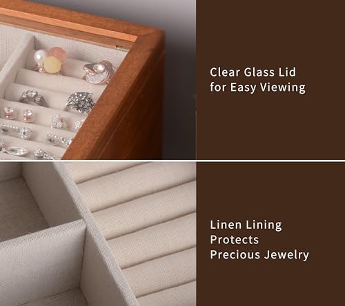 Clasin Home Jewelry Box with Glass Lid, 2 Layer Jewelry Organizer for Women, Solid Wooden Jewelry Box Display for Ring Earrings Necklace Bracelet, Pine Wood Jewelry Boxes Vintage Style for Gifts - Image 4