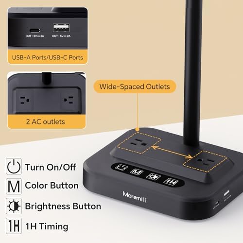 LED Desk Lamp for Home Office: Desk Light Double Head Adjustable with Power Strip 2 AC Outlets, USB-C USB-A Charging Ports Surge Protection, Foldable Table Lamp for College Dorm Room Essentials - Image 6