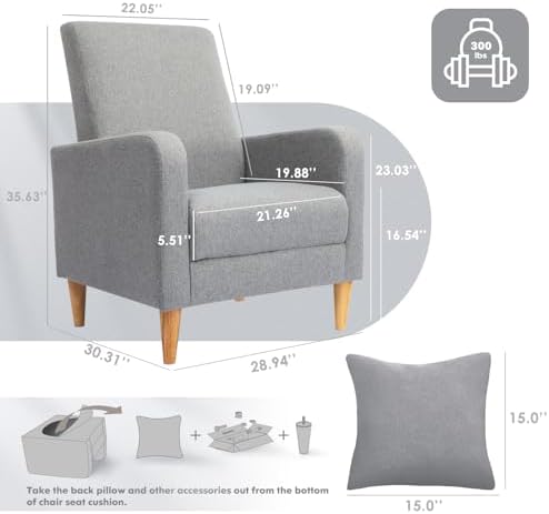 COLAMY Mid-Century Modern Accent Chair, Fabric Upholstered Living Room Chair with Back Pillow & Solid Wood Legs, Comfy Armchair for Living Room, Bedroom, Single Sofa, Grey - Image 2