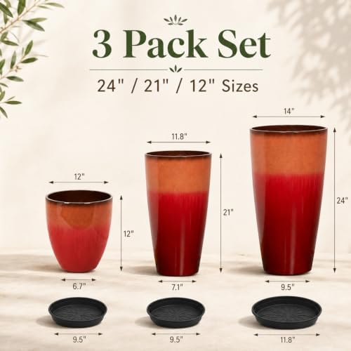 Neoaider Set of 3 Tall Planter, 24/21/12in Large Plastic Planter, Firey Red - Image 3