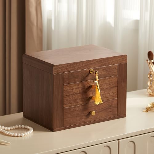 CHOSIN Black Walnut Wooden Jewelry Box for Women with Lock, Mirror, 4 Layer - Image 2