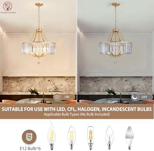 6-Light Crystal Gold Chandeliers for Dining Room 22 Inch Modern Farmhouse Chandelier Large Pendant Lighting Fixture Round Hanging Lamp for Living Room Kitchen Island Hallway Bedroom Foyer Hall - Image 5