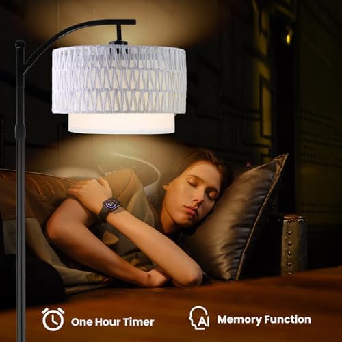 Yusist Arc Floor Lamp for Living Room,Farmhouse Floor Lamps with Remote Control & Dimmable Bulb,White Rattan Boho Tall Standing Lamp for Bedroom Office - Image 7