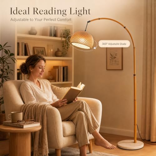 Boho Bamboo Arc Floor lamp, Tall Standing Lamp for Living Room - Image 3