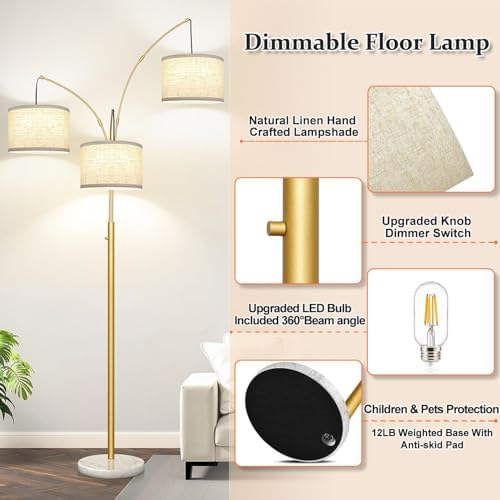 Dimmable Floor Lamp, 3 Lights Gold Arc Floor Lamp, Modern Tall Standing Tree Lamp with White Linen Shades & Marble Base, 3000LM LED Bulbs, Bright Lighting for Living Room, Bedroom, Office & Reading - Image 5