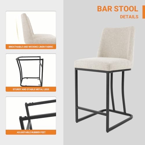 Counter Height Bar Stools Set of 2, 24 Inch Seat Height Bar Chairs for Kitchen Island, Linen Fabric Upholstered Barstools with Metal Feet for Dining Room, Beige - Image 3