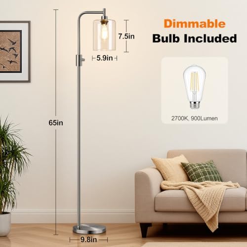 【Upgraded】 Dimmable Floor Lamp for Living Room with Glass Lampshade, Brushed Nickel Modern Glass Floor Lamp with 900LM LED Bulb Included, Standing Tall Lamp for Bedroom, Office, Reading Room, Corner - Image 7